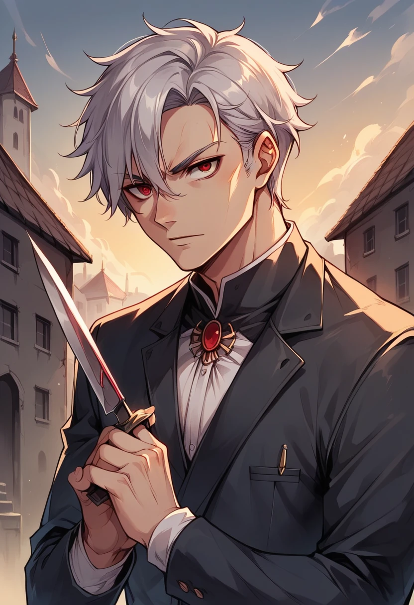 Assassin, male, silver hair, red eyes, side pose, petit, holding a knife in hand, high res, 8k, beautiful image, abadoned building background, beautifully drawn