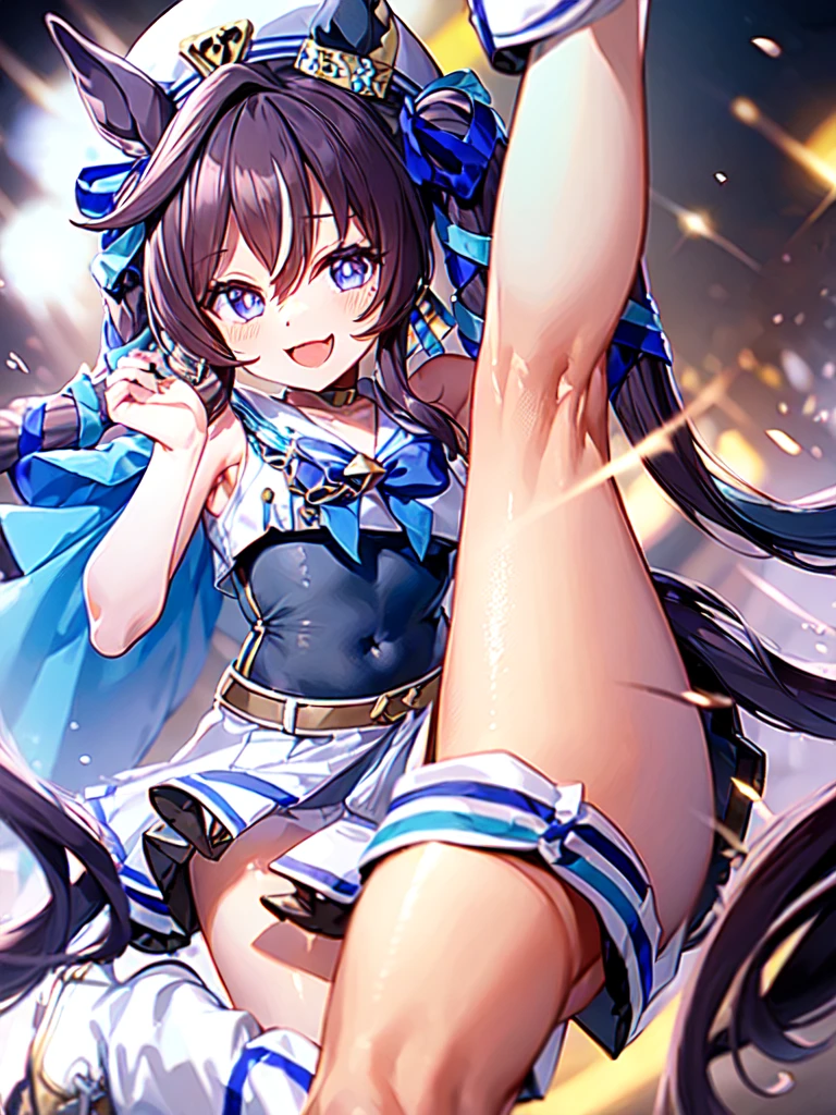 masterpiece, best quality, vivlos \(umamusume\), horse tail, hat, white sailor collar, bare shoulders, blue ribbon, small cape, strap, anchor ornament, bodystocking, belt, bare knees, white pleated skirt, white boots, smile, arm up, armpits,