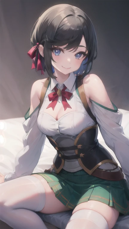 masterpiece, best quality, ultra-detailed, glistening shiny, glowing light, ray tracing, HDR, deph of field, (perfect face, detailed face), rafinha, short hair, small breasts, smile, white hair ribbon, white shirt, armpits, corset, green skirt, cleavage cutout, shoulder cutout, long sleeves, red bowtie, white thighhighs, sitting