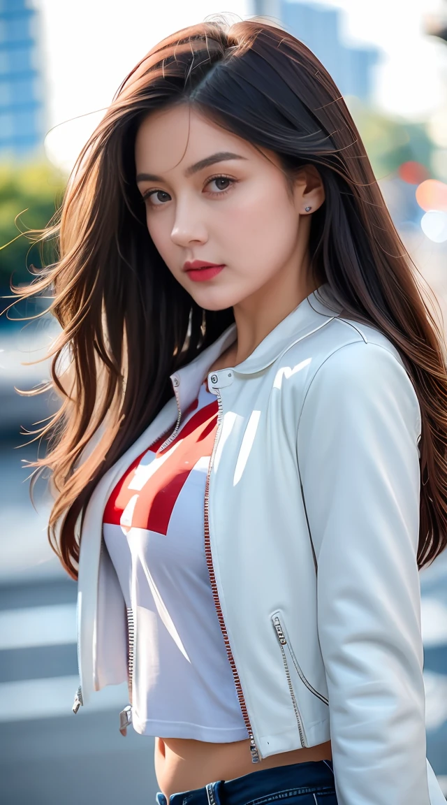 Gorgeus Girl, Beautiful, Baby Face, 17 years old, White Skin, Beside, Sexy Pose, long red t-shirt, Blue Eye, Bokeh, city Background, Masterpiece, asking for a hug, full body Shot, open arms, Leather Jacket Long Sleeve Zipper