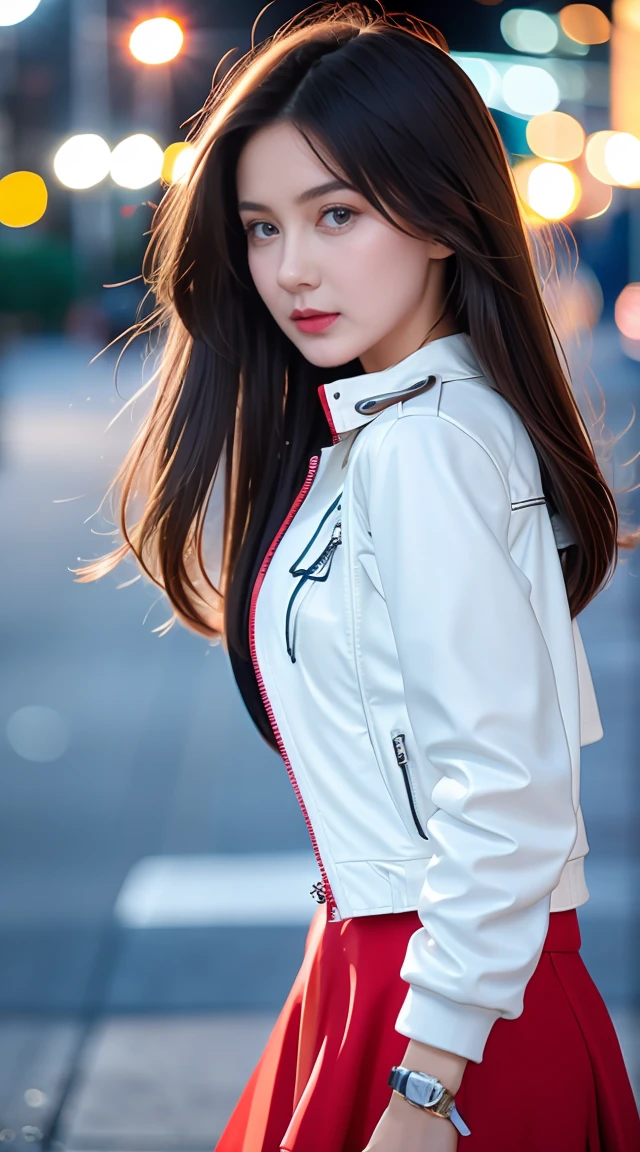 Gorgeus Girl, Beautiful, Baby Face, ************, White Skin, Beside, Sexy Pose, long red t-shirt, Blue Eye, Bokeh, city Background, Masterpiece, asking for a hug, full body Shot, open arms, Leather Jacket Long Sleeve Zipper