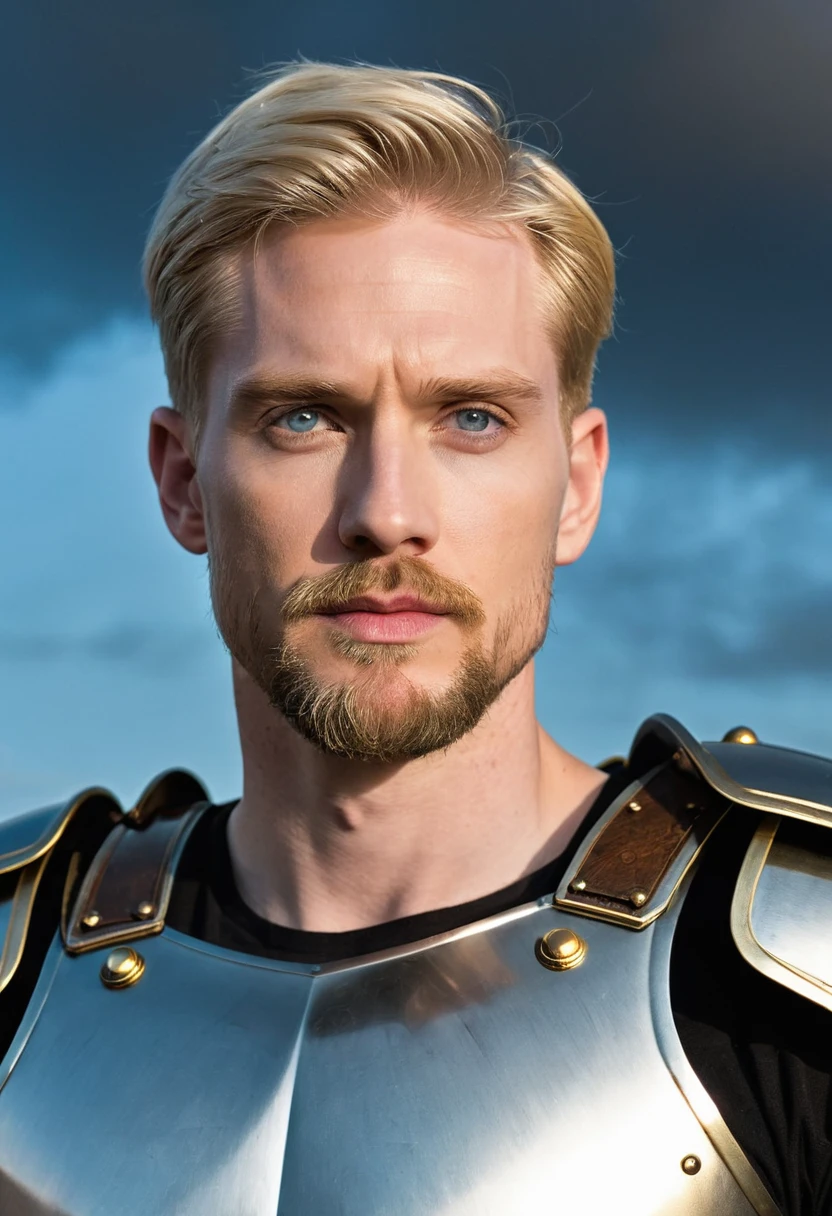 masterpiece, Noise Reduction, Void Noise, One Man, Highest quality, 8k resolution, Male Focus, Focus Only, Great composition, Great lighting, Great quality, elegant, Very detailed, (Front view), (In-person audience), White light, Dawn, blue sky, -----------, Age 35, Mature Face, (Muscular, Slim body), good looking, ((Detailed light grey eyes, Detailed eyes)), ((((Light blonde hair, Short Straight Hair)))), ((Big Ears)), ((((Pale skin)))), ((((Medium length beard)))), (((Metal armor with gold detailing on a black enamel background、big shoulder armor、Large waist armor)))、(A two-handed greatsword held with the tip facing down)