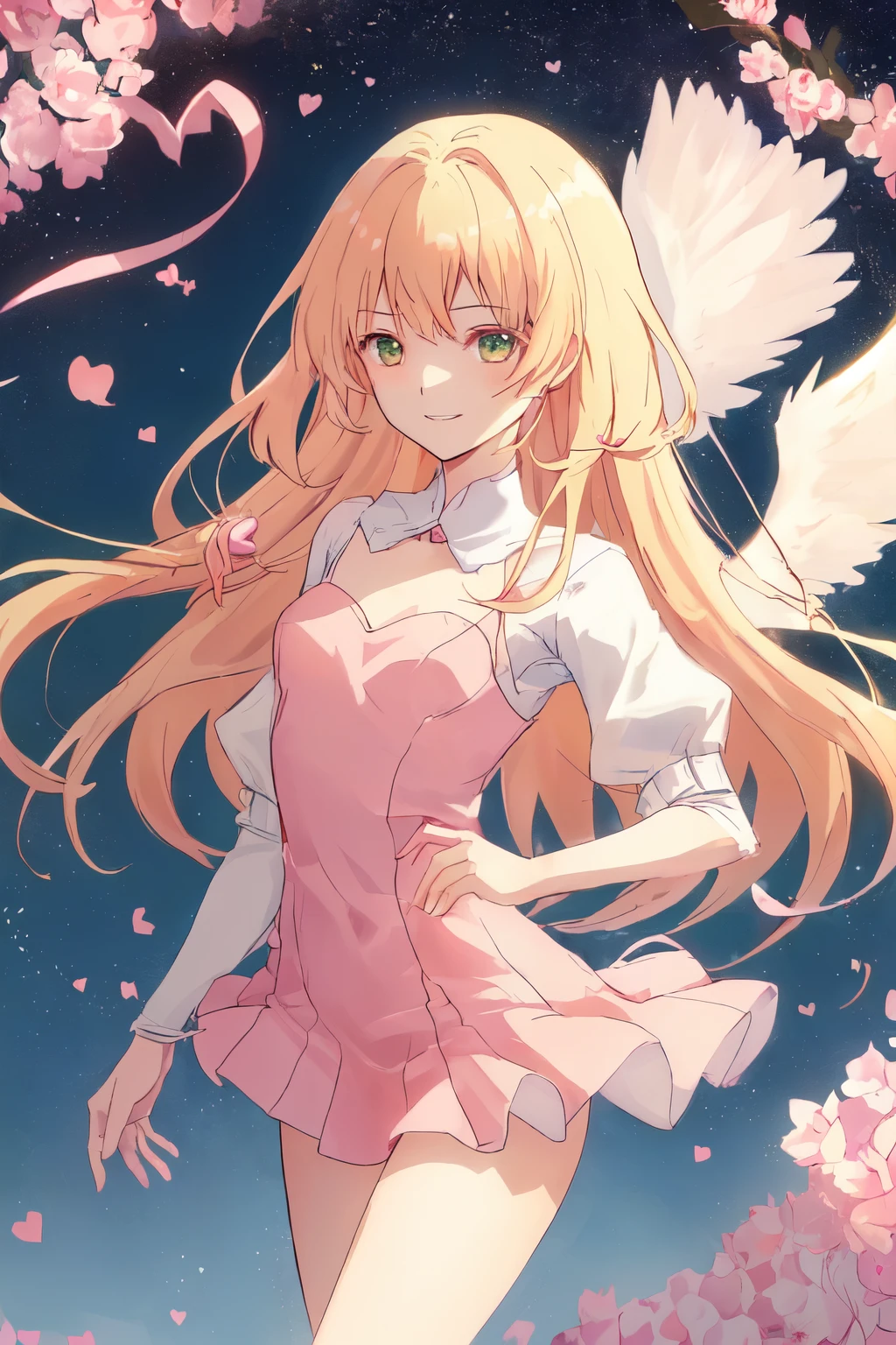 1_girl, (anime, kawai:2), (masterpeice, best_quality, clean:1.5), (sky_background:1.2), (cute, cute_smile, wholesome, young:1.8), (delicate, extremely_delicate, beautiful, thin:1.5), (girlfriend, angel:1.8), (green_eyes, simple_eyes:1.8) (long_hair, blond_hair, wearing_pink_dress, pink_angel_wings:1.5), extremely_delicate, (love_magic:1.5), (age_size_fits_body), (small_thighs:1.3), (breasts), (eye_level:1.3), (heart_magic, love:1.5), (folded_legs:1.5), (combat:1.2)