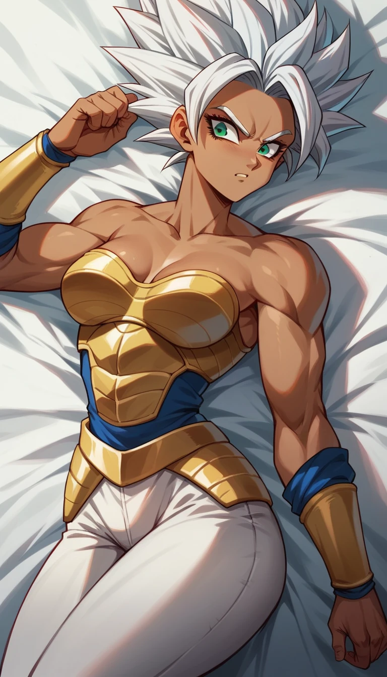 Saiyan, white hair combed back, green eyes,slim, thin waist, wide hips, brown skin color, medium breasts, saiyan armor