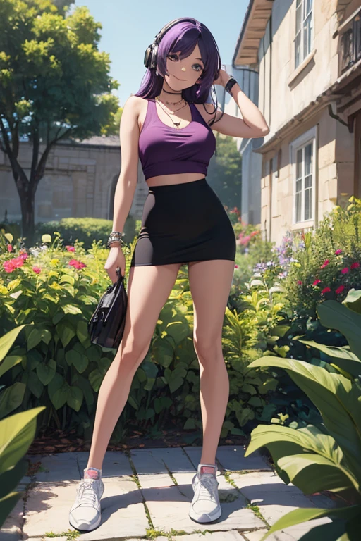 ((masterpiece, best quality, ultra-detailed)), 1girl, beautiful woman, smiling, red tank top, bracelet, necklace, black midi pencil skirt, white sneakers, black socks, wearing headphones, full body, purple hair, hand on hip, summer garden
