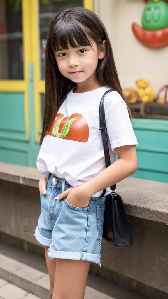 In his left hand he has a very large hamburger.、Children 、1 Beautiful girl、So cute、White shirt、denim shorts、Long, slender legs