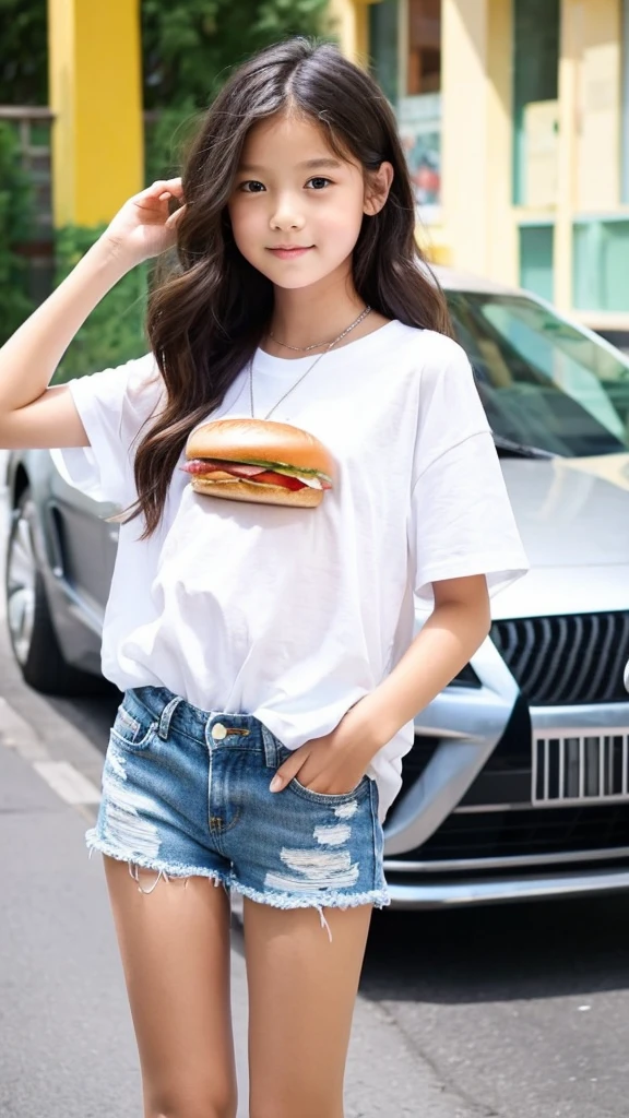 In his left hand he has a very large hamburger.、、1 Beautiful girl、So cute、White shirt、denim shorts、Long, slender legs
