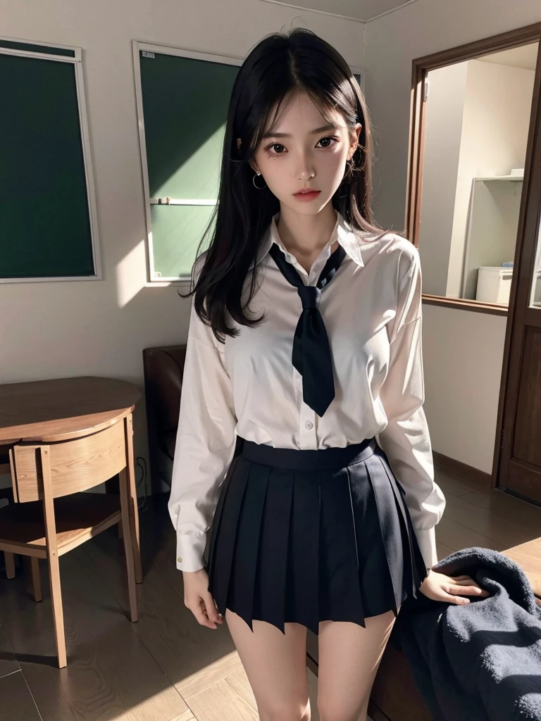 absurdres, RAW photo, extremely delicate and beautiful, masterpiece, Best Quality, ultra high resolution, 32k, hyperrealistic, ultra-detailed, perfect anatomy, anatomically correct, perfect figure, super Detailed skin, 20 years old, very Slim body, narrow waist, very small head, very small face, delicate facial features, detailed face, detailed eyes, tearful mole, earring, thin legs, very huge round breasts, medium hair, asymmetrical hair, (full body shot:1.2), indoor, short skirt, (school_uniform:1.2), bare legs,