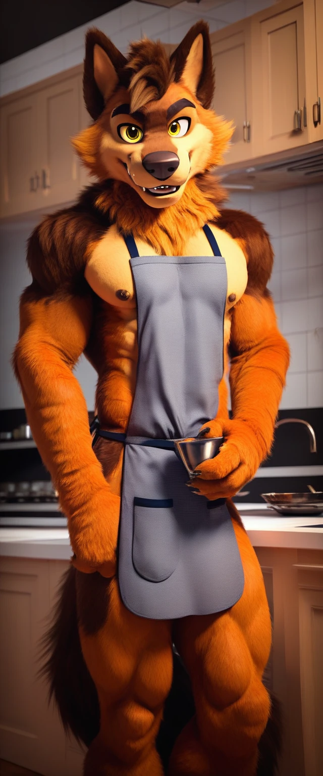 score_9, score_8_up, score_7_up, rating_Uncensored,source_furry,anthro,source_3D, An adult male muscular werewolf fursuit, Looking at the viewer with a naughty smile, Alone in the kitchen, nude, sensual apron, yellow eyes, 