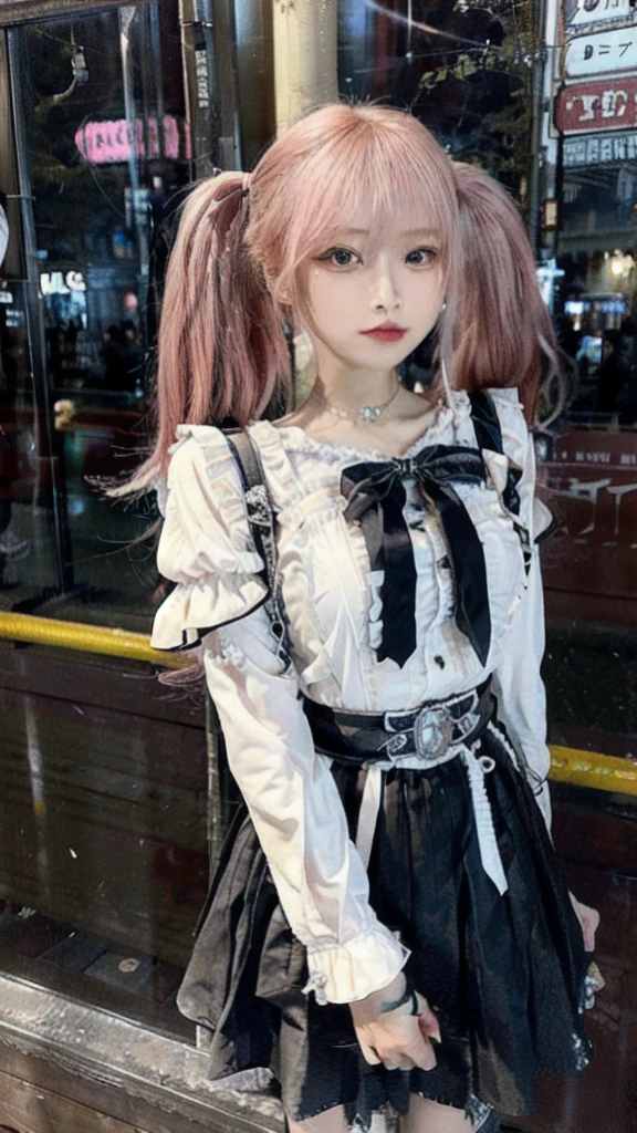 (Realistic:1.3), In detail, quality, Rembrandt Lighting, (Tabletop:1.2), (Realistic:1.2), (最高quality), (Detailed skin:1.3), (Intricate details), dramatic, Ray Tracing, Break 1 Girl, Japanese girl, smile,(Pink Hair 1.4), Twin tails, Twin Loop Hair, Parted bangs, Eye highlights 21 years old, Medium chest, Earrings, jirai fashion, Short dress, Frills, race, ribbon, break (in Tokyo street, Harajuku, sunny day), break