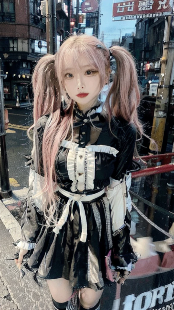 (Realistic:1.3), In detail, quality, Rembrandt Lighting, (Tabletop:1.2), (Realistic:1.2), (最高quality), (Detailed skin:1.3), (Intricate details), dramatic, Ray Tracing, Break 1 Girl, Japanese girl, smile,(Pink Hair 1.4), Twin tails, Twin Loop Hair, Parted bangs, Eye highlights 21 years old, Medium chest, Earrings, jirai fashion, Short dress, Frills, race, ribbon, break (in Tokyo street, Harajuku, sunny day), break