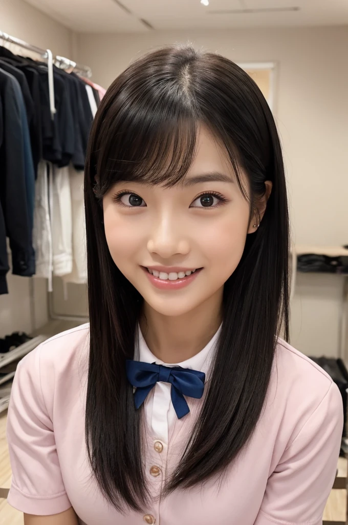 紺と白のセーラー服、Drama club room, high school senior, drama club president, ((full body)), ((photo)), ((best qualtiy, 8K, tmasterpiece:1.3)), Focus:1.2, perfect figure beautiful girl:1.4, 1girl, cowboy shot, look at viewer, eyes facing the camera, incredibly absurd, beautiful and cute girl with a photorealistic face, showcasing top-quality craftsmanship, A Japanese girl preparing for club activities in the drama club room, 15 years old, long, straight, silky black hair, fair skin, big eyes, thin eyebrows, double eyelids, long eyelashes, pink lips, smile, devilish smile, gorgeous features, well-defined facial features, beautiful face line, mysterious beauty, slender, tall, well-balanced proportions, large E-cup breasts, navy blue sailor uniform, favorite silver accessories, well-groomed nails, pretty girl, beauty, devilish type, pretty older sister, passionate about art, sociable, friendly, positive, has leadership skills, is proactive, is flexible, gets things done efficiently, works hard towards dreams and goals, May