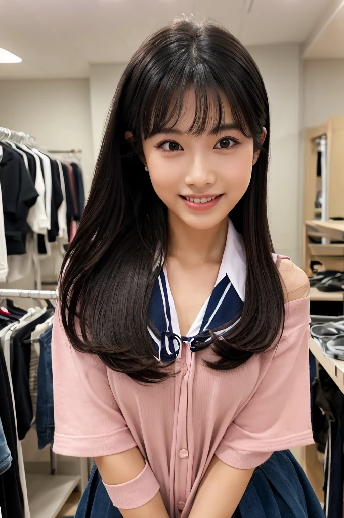 紺と白のセーラー服、Drama club room, high school senior, drama club president, ((full body)), ((photo)), ((best qualtiy, 8K, tmasterpiece:1.3)), Focus:1.2, perfect figure beautiful girl:1.4, 1girl, cowboy shot, look at viewer, eyes facing the camera, incredibly absurd, beautiful and cute girl with a photorealistic face, showcasing top-quality craftsmanship, A Japanese girl preparing for club activities in the drama club room, 15 years old, long, straight, silky black hair, fair skin, big eyes, thin eyebrows, double eyelids, long eyelashes, pink lips, smile, devilish smile, gorgeous features, well-defined facial features, beautiful face line, mysterious beauty, slender, tall, well-balanced proportions, large E-cup breasts, navy blue sailor uniform, favorite silver accessories, well-groomed nails, pretty girl, beauty, devilish type, pretty older sister, passionate about art, sociable, friendly, positive, has leadership skills, is proactive, is flexible, gets things done efficiently, works hard towards dreams and goals, May