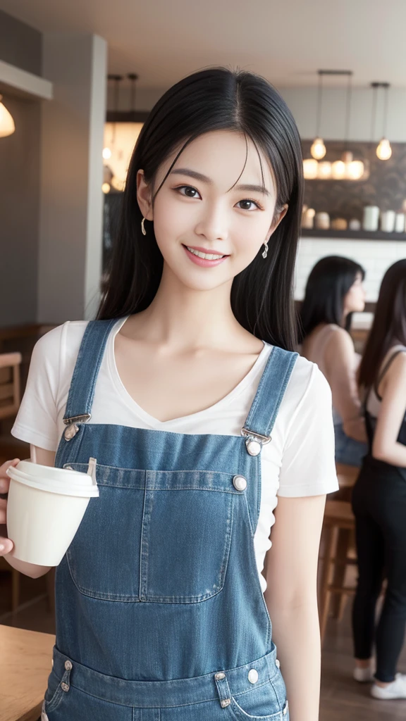 beauty、Smile、Black Hair、Coffee Shop，Overalls，best quality,Super detailed,masterpiece,Employment,8k,Extremely detailed CG unifies 8k, 8k, diamond, and wallpaper，lifelike, Surreal, The original, Intricate details，Detailed face，Exquisite eyes, Skin smooth and soft, Delicate face, Big shining eyes