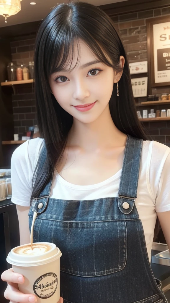 beauty、Smile、Black Hair、Coffee Shop，Overalls，best quality,Super detailed,masterpiece,Employment,8k,Extremely detailed CG unifies 8k, 8k, diamond, and wallpaper，lifelike, Surreal, The original, Intricate details，Detailed face，Exquisite eyes, Skin smooth and soft, Delicate face, Big shining eyes