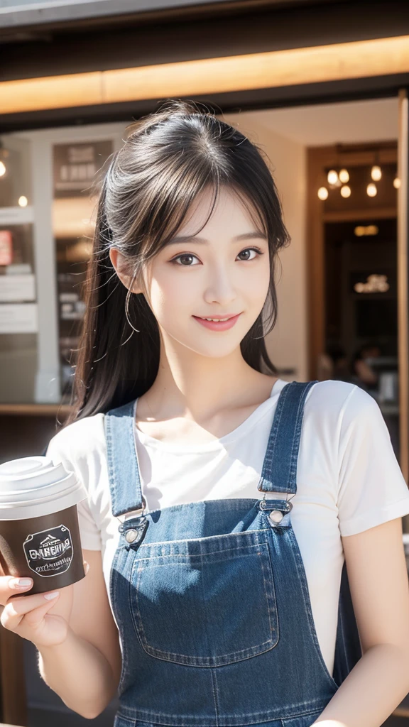 beauty、Smile、Black Hair、Coffee Shop,Overalls,best quality,Super detailed,masterpiece,Employment,8k,Extremely detailed CG unifies 8k, 8k, diamond, and wallpaper,lifelike, Surreal, The original, Intricate details,Detailed face,Exquisite eyes, Skin smooth and soft, Delicate face, Big shining eyes