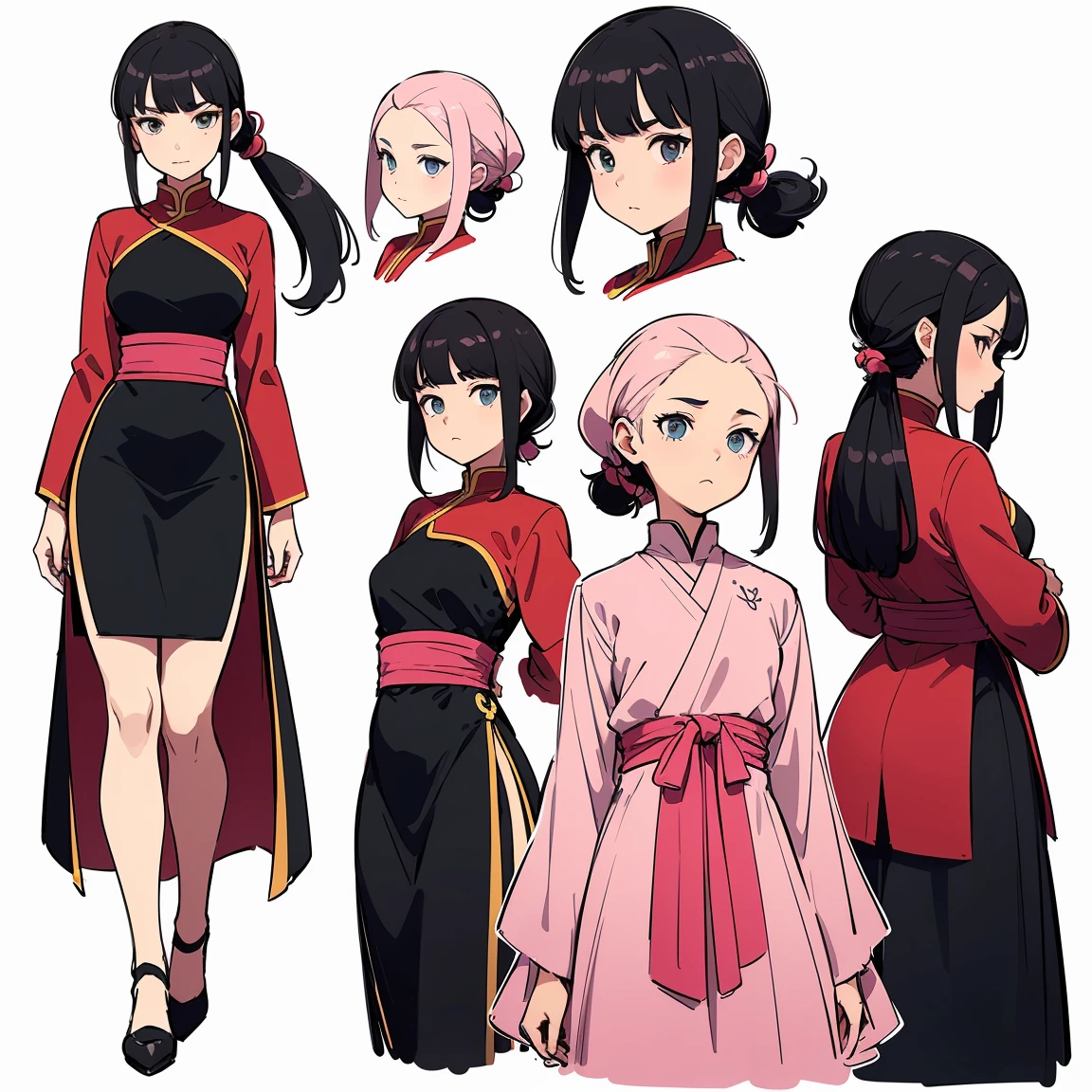 sketch (Character Design Sheet, Same characters, whole body, Three-species, Front, ~ ~ ~ side, Come back),(Very bright:1.1), White background, [1 girl:7], (tilted his head:1.2), ([sketch|watercolor \(Temperate\)]:1.15),whole body, nice and calm girl, avatar the last airbender concept, she's from the fire nation, she has hightech dress outfit, full length, whole body, black long hair tied, SFV, with pink tone in her dress, kind pose