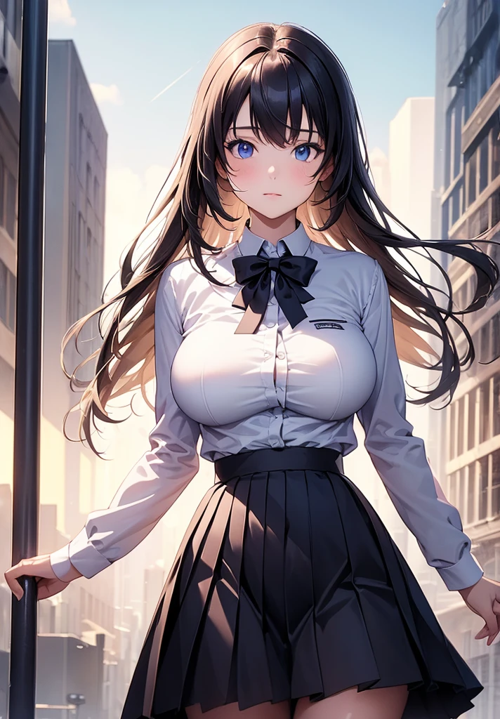 ((masterpiece, Best Quality, Distinctive image)), 1 girl, alone, alter of joan of arc, big breasts, Schoolgirl, School uniform, pleated skirt, seraph, White shirt, black skirt, looking at the viewer, standing, carrying a school backpack, cowboy shot, city, building, beautiful sky 