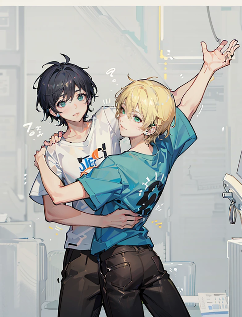 Two boys,A blonde hair,A dark blue hair,Wear a T-shirt,shorts,Dance waltzes,Dance,t-shirt,whole body,Don't look at the camera,Simple background,White background,8k,Correct human body,Detailed eye painting,illustration,Highest quality,Exquisite,Detailed face,Masterpiece,flat chest,Slim,young,,High-end,Hand Painted,Official Fanart,Visual novel,Anime style,Girly Romance,Produced by Anime Painter Studio,