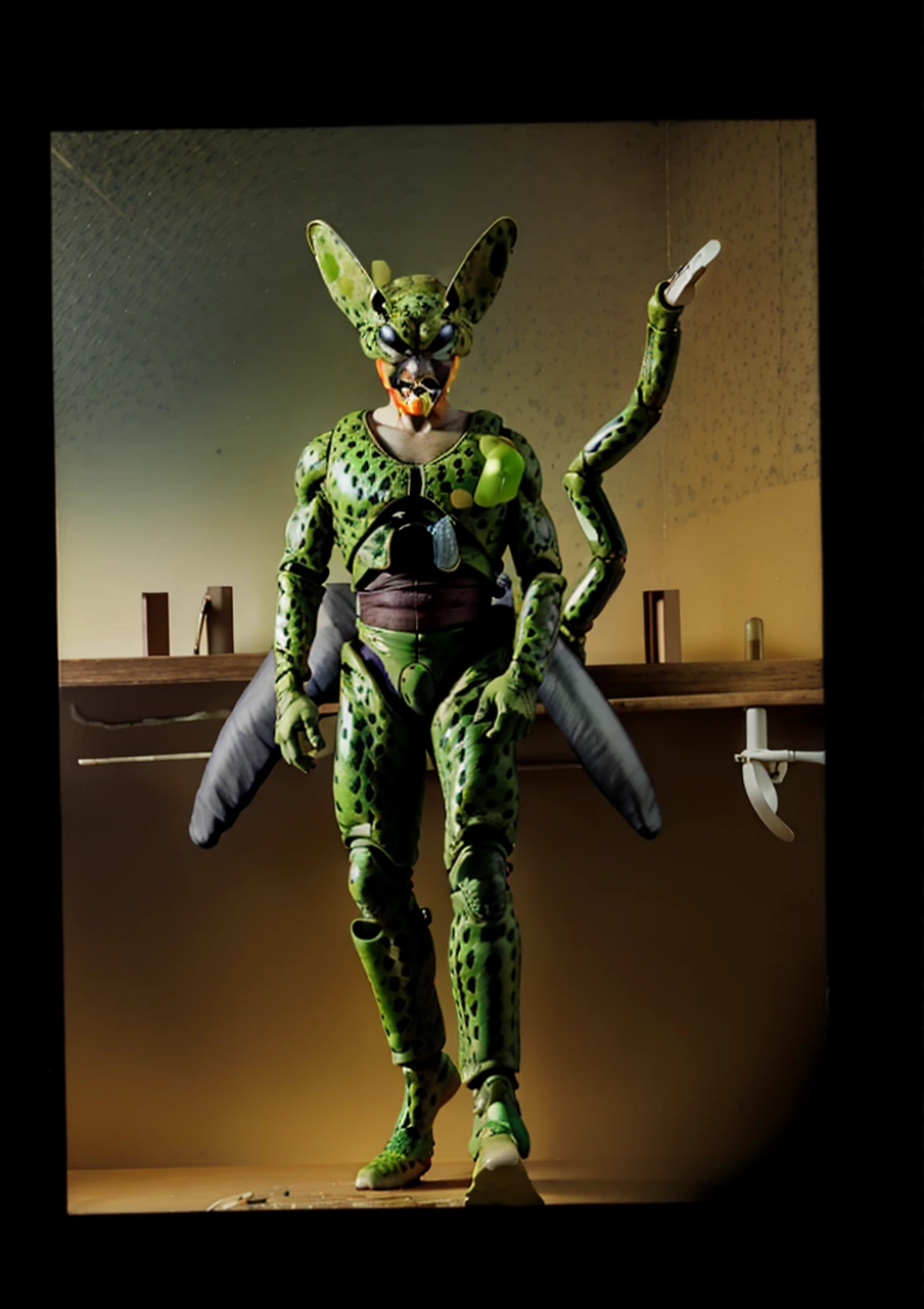 face charging cell phone, snake eyes, orange padded buds covering mouth, casual outfit, looking at viewer, first cell shape, smile, praying mantis insect appearance