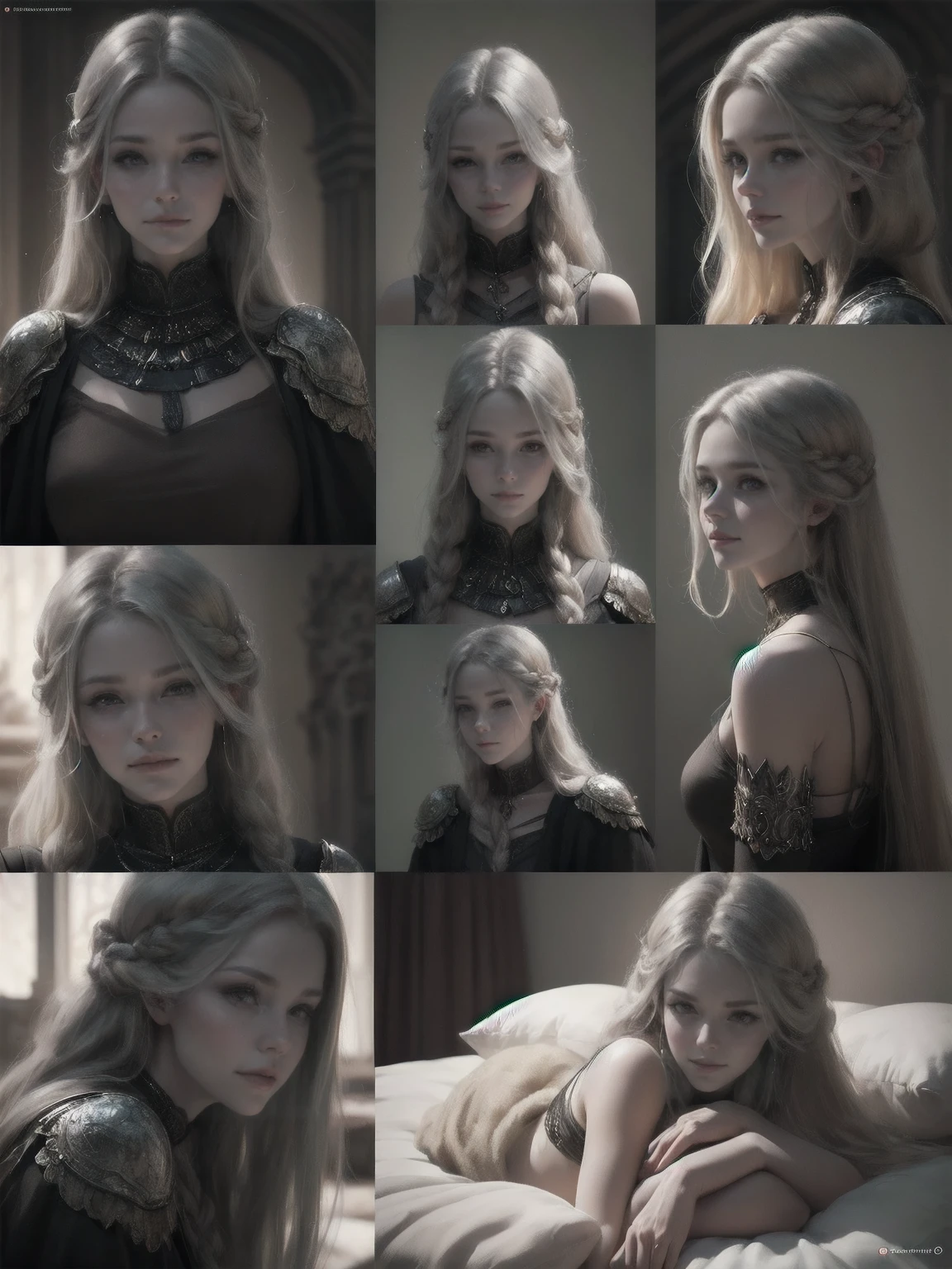 {-erro_de_anatomia:1.0} woman 30 years old, north,viking clothes, (nordic dress), dark castle, a woman (lagherta), very long brown hair (blonde highlights), (gray eyes) . Indifferent look , merciless. among the gods, dinamic poses, egoist smile, upper body, laying on the bed