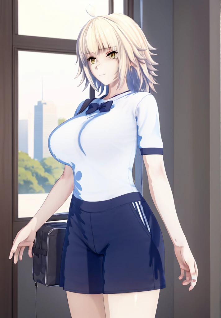 ((masterpiece, Best Quality, Distinctive image)), 1 girl, alone, alter of joan of arc, big breasts, Schoolgirl, School uniform, pleated skirt, seraph, White shirt, black skirt, looking at the viewer, standing, carrying a school backpack, cowboy shot, city, building, beautiful sky 