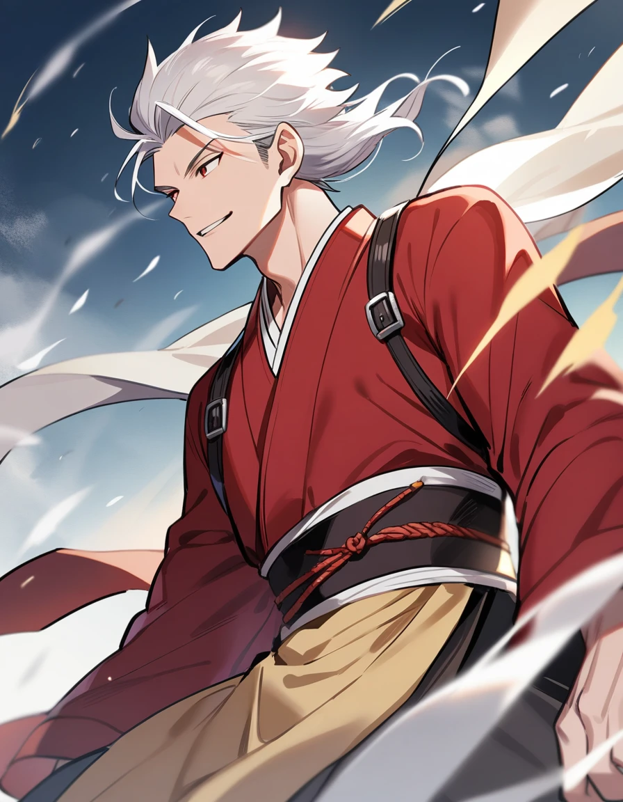 1 chico, male focus, wind, clear skin, White hair, Red jacket, monje dnd