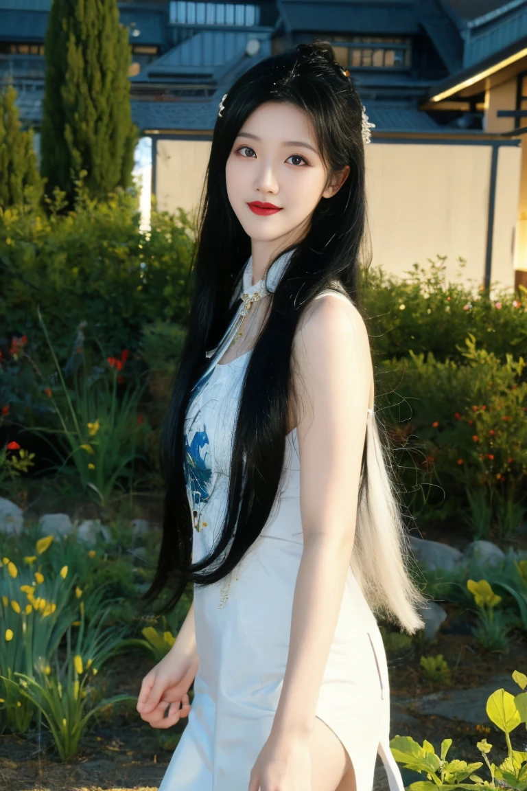 ulzzang-6500-v1.1,(raw photo:1.2),((photorealistic:1.30)), ((best quality)) ,((masterpiece)),((Ultra High Resolution)), ((Clear View)),,Ultra-high resolution,Clear face,（Reality：1.4) ,  illustration, an extremely delicate and beautiful, extremely detailed ,CG ,unity ,8k wallpaper, Amazing, finely detail, masterpiece,best quality,official art,extremely detailed CG unity 8k wallpaper,absurdres, incredibly absurdres, huge filesize, ultra-detailed, highres, extremely detailed,beautiful detailed girl, extremely detailed eyes and face, beautiful detailed eyes,light on face,cinematic lighting, 1girl, 独奏, long hair, black hair, hair ornament, jewelry, Earring, Blue eyes, Double eyelids, blush, sharp nose, Red nose, smile, Chinese dress, (standing,) (garden background:1.5), upper body, Night sky, dark light, grassland, trees, flowers, grass, Moon Star, outdoor, 