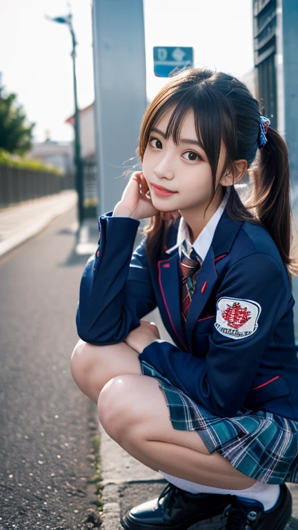 Mix 4, (16K, RAW Photos, Best image quality, masterpiece: 1.45), (Realistic, Realistic: 1.37), One Girl,大きなsmile ,16 years old,Duck mouth, Cityscape,, Professional Lighting, Photon Mapping, School classroom, Physically Based Rendering, Dark brown hair、Twin tail hairstyle, Beautifully groomed eyes、((double eyelid))、とってもcute女の子, (((school uniform、dark blue blazer、Long-sleeved shirts worn by Japanese high school girls、Ribbon tie、Tartan Check Skirt,、Dark blue socks、White shoes))), Highest quality photos, High resolution, 1080P, (Clear Face), (Detailed facial depiction), (Detailed description of the hand), (masterpiece), (Detailed CG)、Extreme light and shadow、Messy Hair、masterpiece、Rich details、(Detailed facial features)、(Highest quality photos評価済み筋肉部位)、(fine grain)、Thin clavicle、((Thin and large))、(((Japanese high school girls wear long-sleeved shirts)))、((A real idol))、((school gate、Schoolyard、School building in the background))、(Take photos from random perspectives)、(((Anyway that&#39;cute)))、smile、(((Sports bags used by Japanese female students)))、(Small breasts:1.2)、tight little 、Two arms and two legs、(((from the front:0.7)))、bare hands、(((Symmetrical eyes)))、Standing pose、Beautiful thighs,Young and cute gravure idol,