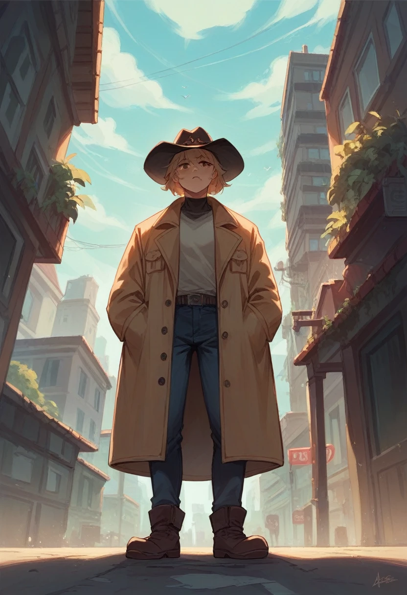 woman wearing a black cowboy hat trench coat while standing on the edge of a building looking down in a city with zombies
