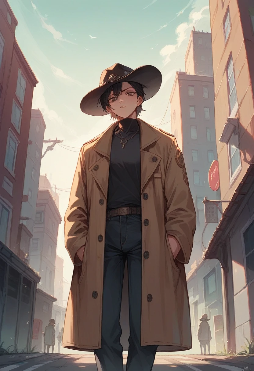woman wearing a black cowboy hat trench coat while standing on the edge of a building looking down in a city with zombies
