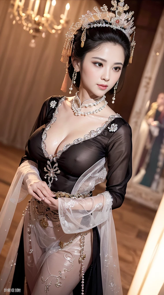 masterpiece, best quality, 1 girl, ((Large Breasts)， Long hair，(Siamese transparent black silk)，(On clothes，There are pearls)，Looking at the audience, (precise、Perfect face shape:1.3)，（Beautiful fingers），(Crotch front display)，Ultra HD，Ray Tracing,，reflected light， Correct structure，The award-winning，High Detail，Reduce shadow contrast，Facial lighting ，Cinema Lighting，masterpiece，Super Detail，high quality，High Detail， best quality，16K，High contrast，A young woman plays, Chinese Empress, yun ling, song nan li, , gujian,  zhao yun, Chinese Princess