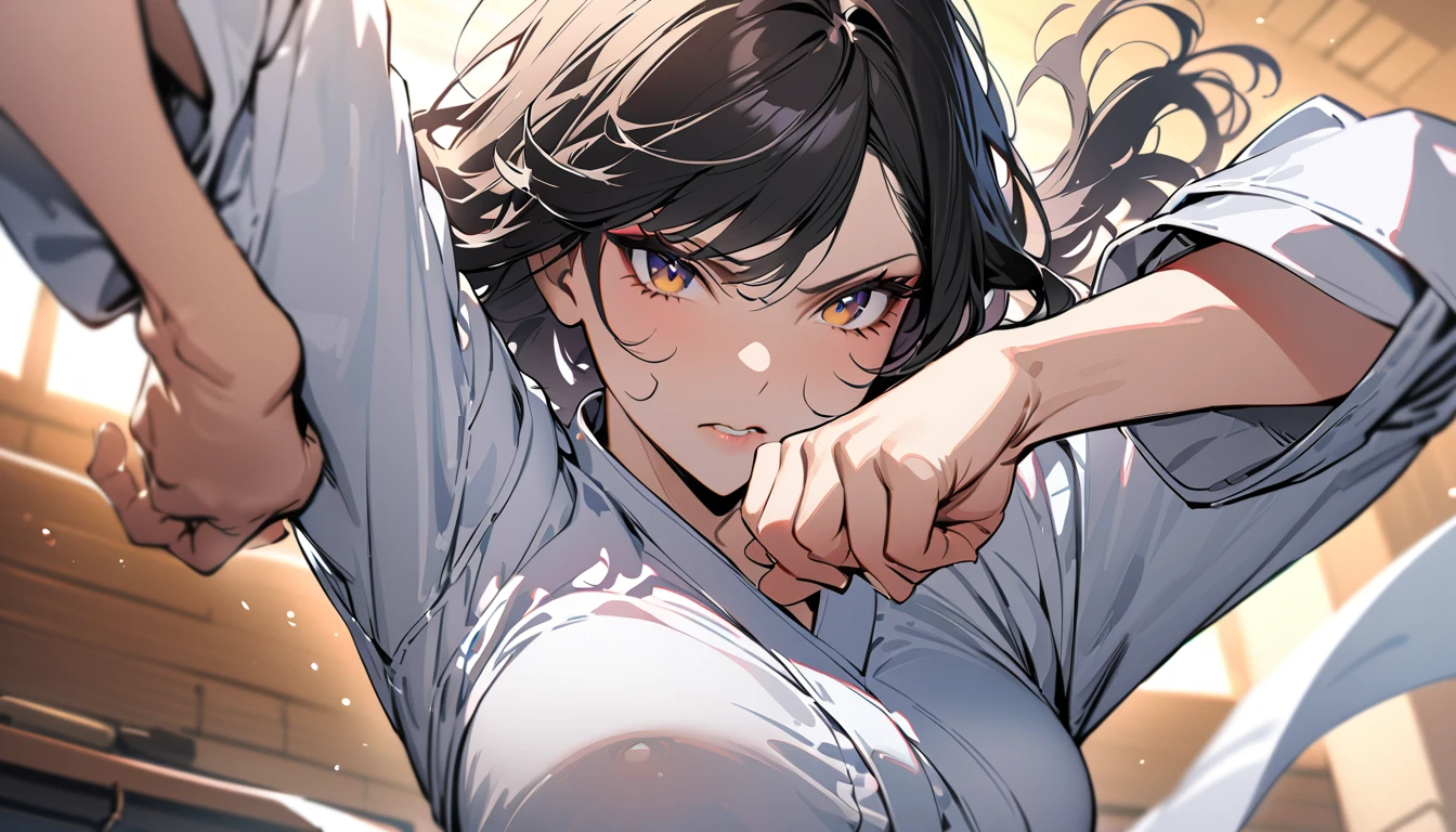 (masterpiece),(Highest quality),(Super detailed),(High resolution),(Highest quality),(An illustration),8k,One female,Girl,Beautiful Skin,Beautiful Face,,Serious,Wearing a karate uniform,Karate Dojo,Karate kata,dynamic,(Hand,detailed,perfect,perfection,hands)