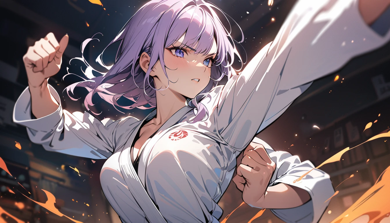(masterpiece),(Highest quality),(Super detailed),(High resolution),(Highest quality),(An illustration),8k,One female,Girl,Beautiful Skin,Beautiful Face,,Serious,Wearing a karate uniform,Karate Dojo,Karate kata,dynamic,(Hand,detailed,perfect,perfection,hands)