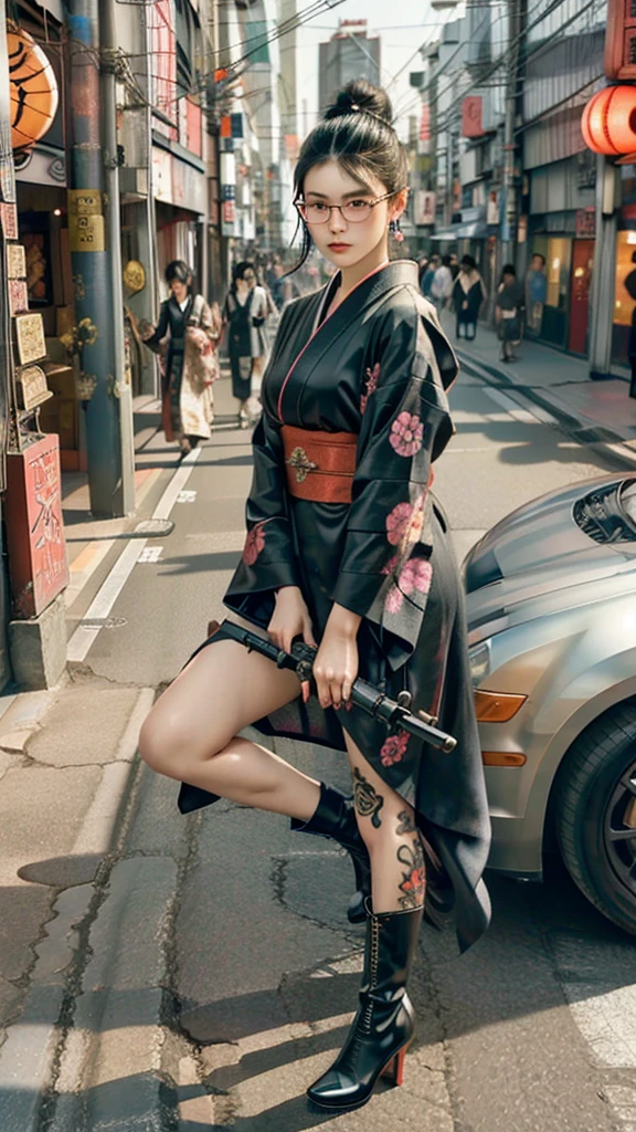 Cute Japanese woman, (), (very cute face: 1.3), red lips, white moist skin, mole, (glasses: 1.2)
BREAK,
Feminine body with high athletic ability, body of a female fitness model, feminine body with hard tones, (muscles: 1.2), (beautiful belly button),
BREAK,
Fighter, kung fu fighter, idol, (Yakuza), (gangster),
BREAK,
(wearing a cute black kimono: 1.3), (kimono that is revealing), (Stiletto heels, black heeled boots 1.3), very large earrings, short length,
BREAK,
Short hair, (Short bob hair), (Bangs: 1.2), (Black hair: 1.3), (Wavy hair),
BREAK,
(Very large machine gun: 1.4), (Holding machine gun: 1.3), (Fighting: 1.2), (Getting into a fighting position), (Firing machine gun: 1.2)
BREAK,
(Japanese tattoo: 1.4),
BREAK,
Masterpiece, Perfect lighting, Ultra high resolution, 8K, (Highly detailed: 1.4), (From the front), Looking at camera, Melancholic expression,
BREAK,
(Tokyo Tower: 1.2), Japan Tokyo Tower background, (Neon lights: 1.2)