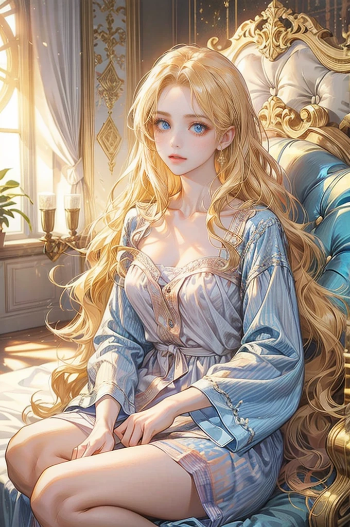 beutiful girl with long wavy golden blonde hair, shining blue eyes in a pajama