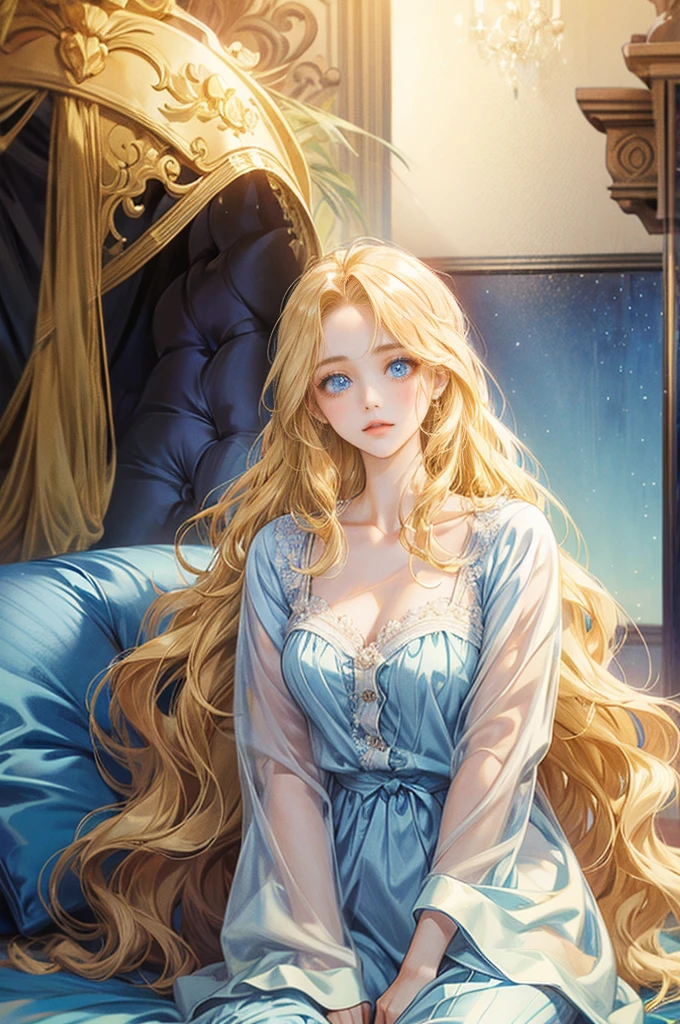 beutiful girl with long wavy golden blonde hair, shining blue eyes in a pajama
