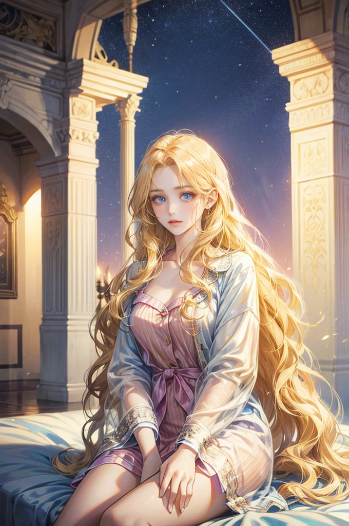 beutiful girl with long wavy golden blonde hair, shining blue eyes in a pajama
