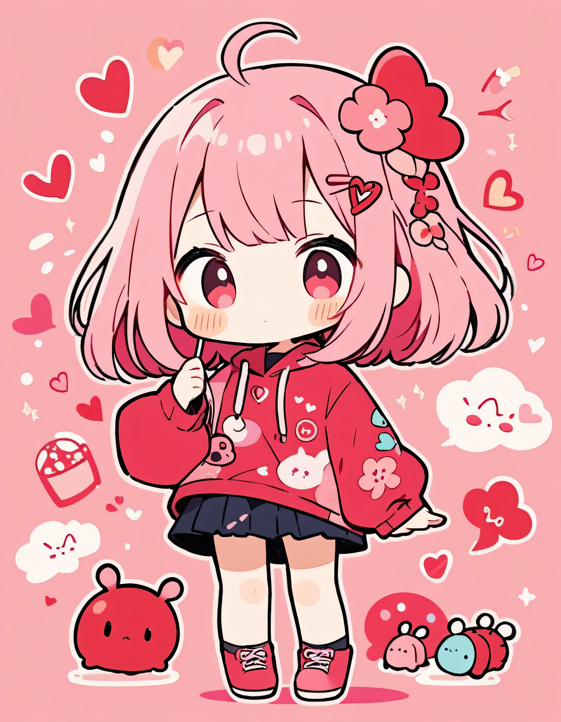 Momoko Sakura pink and Red style, Simple Line Initialism,Abstract art,Kawaii Design, The most beautiful girl of all time、chibi, (((Cute pillbugs))), colorful hearts
