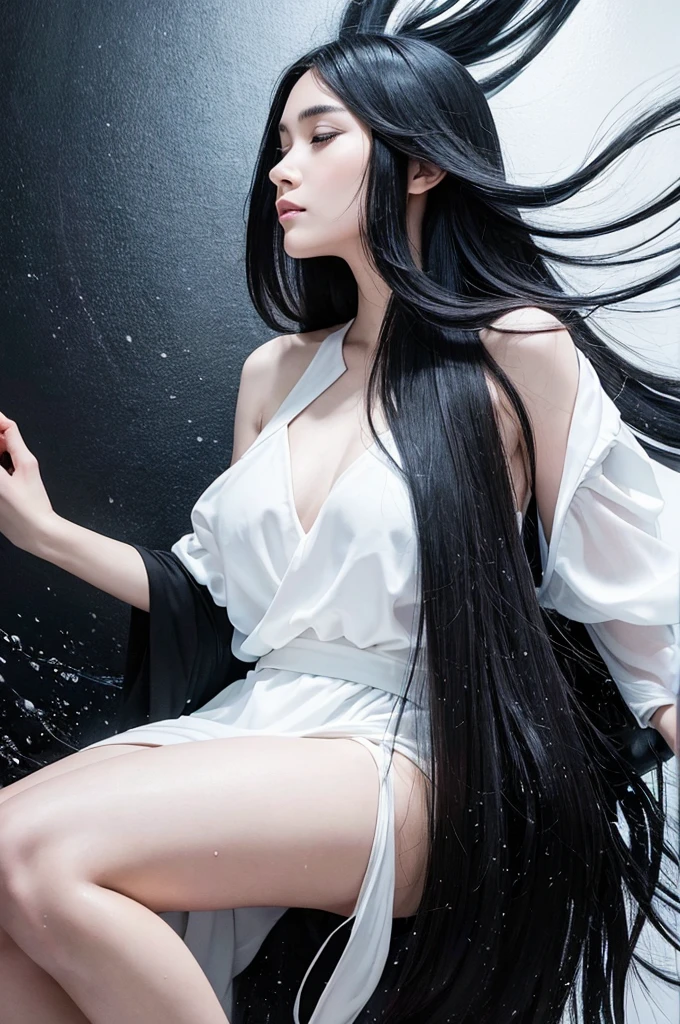 Sure, here is a detailed prompt for the image in English: --- The image features a young woman with shoulder-length black hair standing against a two-toned background. The background is split vertically with the left side in a deep black and the right side in a light gray. The contrast between these colors creates a striking visual effect that draws the viewer's attention to the central figure. The woman is positioned in profile, facing to the left. Her eyes are closed, and her expression is calm and serene, suggesting a moment of introspection or meditation. She is dressed in a white garment that appears to be disintegrating or merging with the background in an abstract manner. From the left side of her body, black liquid-like splashes seem to emerge and blend into the dark background. These black splashes create a dynamic and somewhat chaotic effect, as if she is dissolving into the darkness. On the right side, contrasting white splashes emanate from her body, merging into the light gray background. This side appears more fluid and ethereal, giving a sense of purity and lightness. The interplay between the black and white elements, combined with the woman's calm demeanor, creates a powerful representation of duality and balance. The abstract splashes add an element of movement and transformation, as if she is caught in the process of changing states or merging with her surroundings. The overall composition is minimalist yet deeply expressive, utilizing color contrast and abstract forms to convey a sense of inner peace, transformation, and the coexistence of opposites. The image invites viewers to contemplate themes of identity, duality, and the fluid nature of existence.
