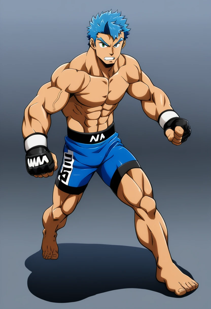 20 year old man, rough appearance, masculine, muscular, MMA fighter, short shaved tousled blue hair, green eyes, wide eyebrows, Whole body, tight blue compression shorts, shirtless, MMA gloves, anime style.