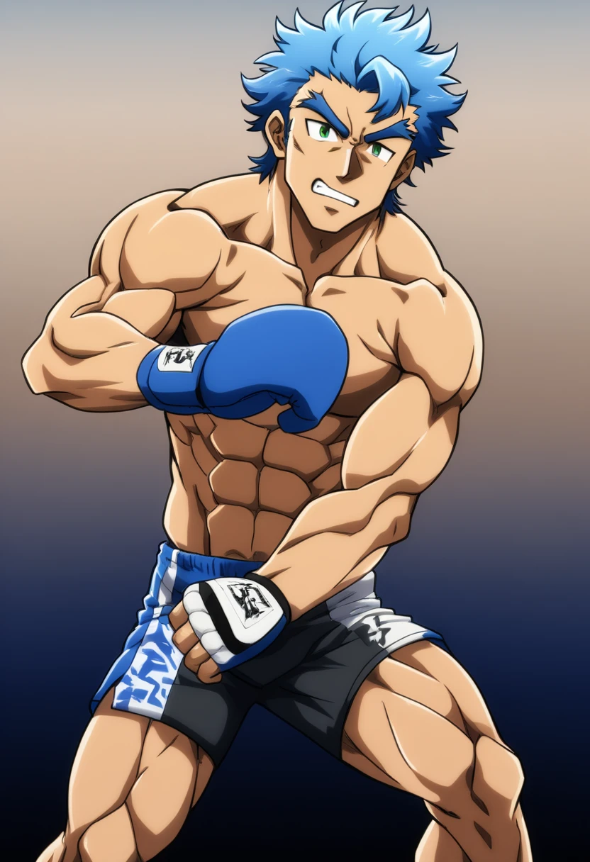 20 year old man, rough appearance, masculine, muscular, MMA fighter, short shaved tousled blue hair, green eyes, wide eyebrows, Whole body, tight blue compression shorts, shirtless, MMA gloves, anime style.