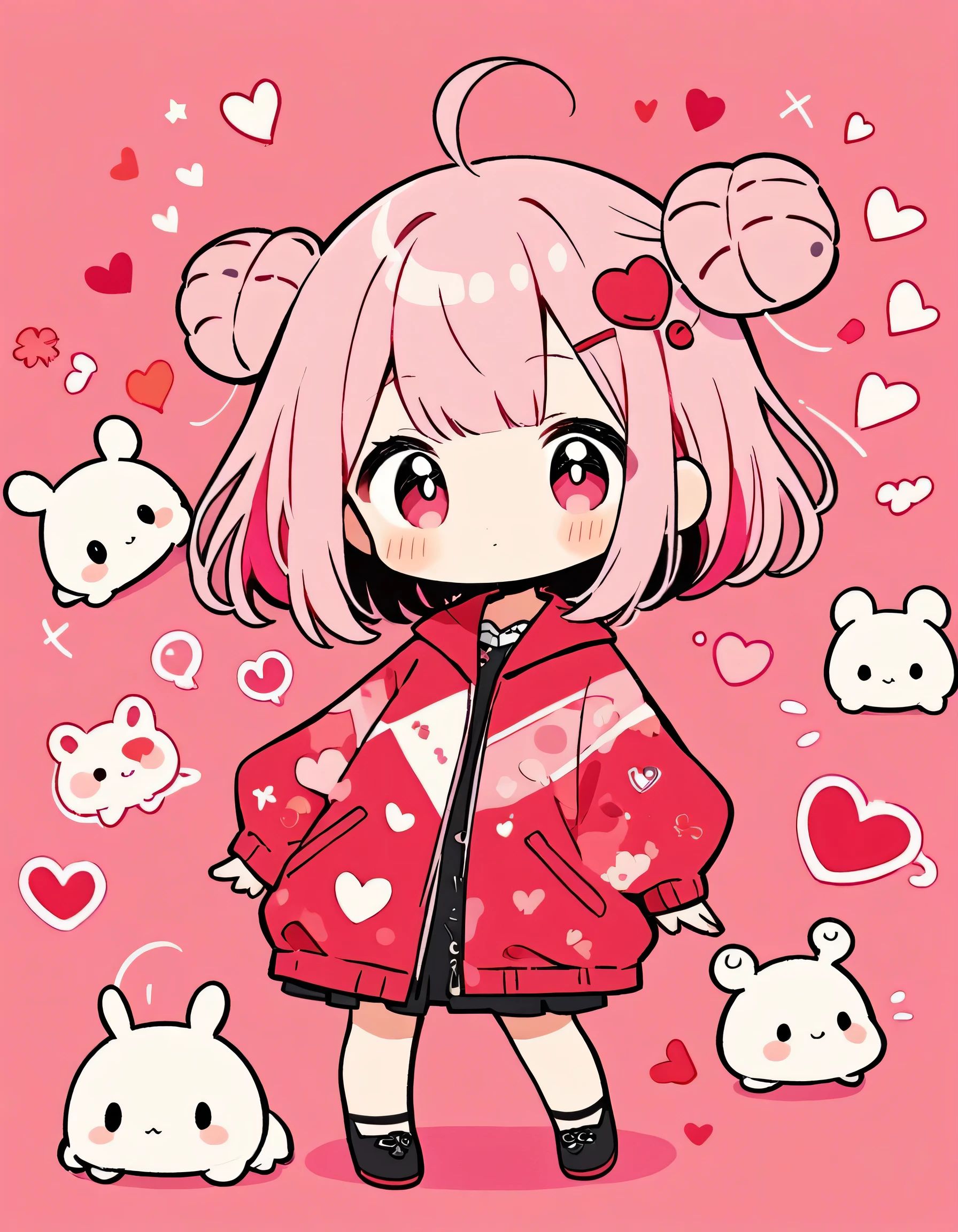 Momoko Sakura pink and Red style, Simple Line Initialism，Abstract art，Kawaii Design, The most beautiful girl of all time、chibi, (((Cute pillbugs))), colorful hearts