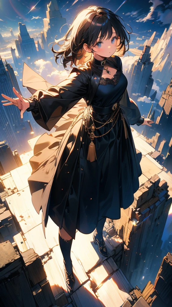 (Masterpiece, Highest quality: 1.2), (High resolution: 1.1), (Highest quality), Dynamic Angle, girl in national costume, null, cloud, Highland Road, Top view, dramatic lighting, Beautiful shadows, beautiful, 