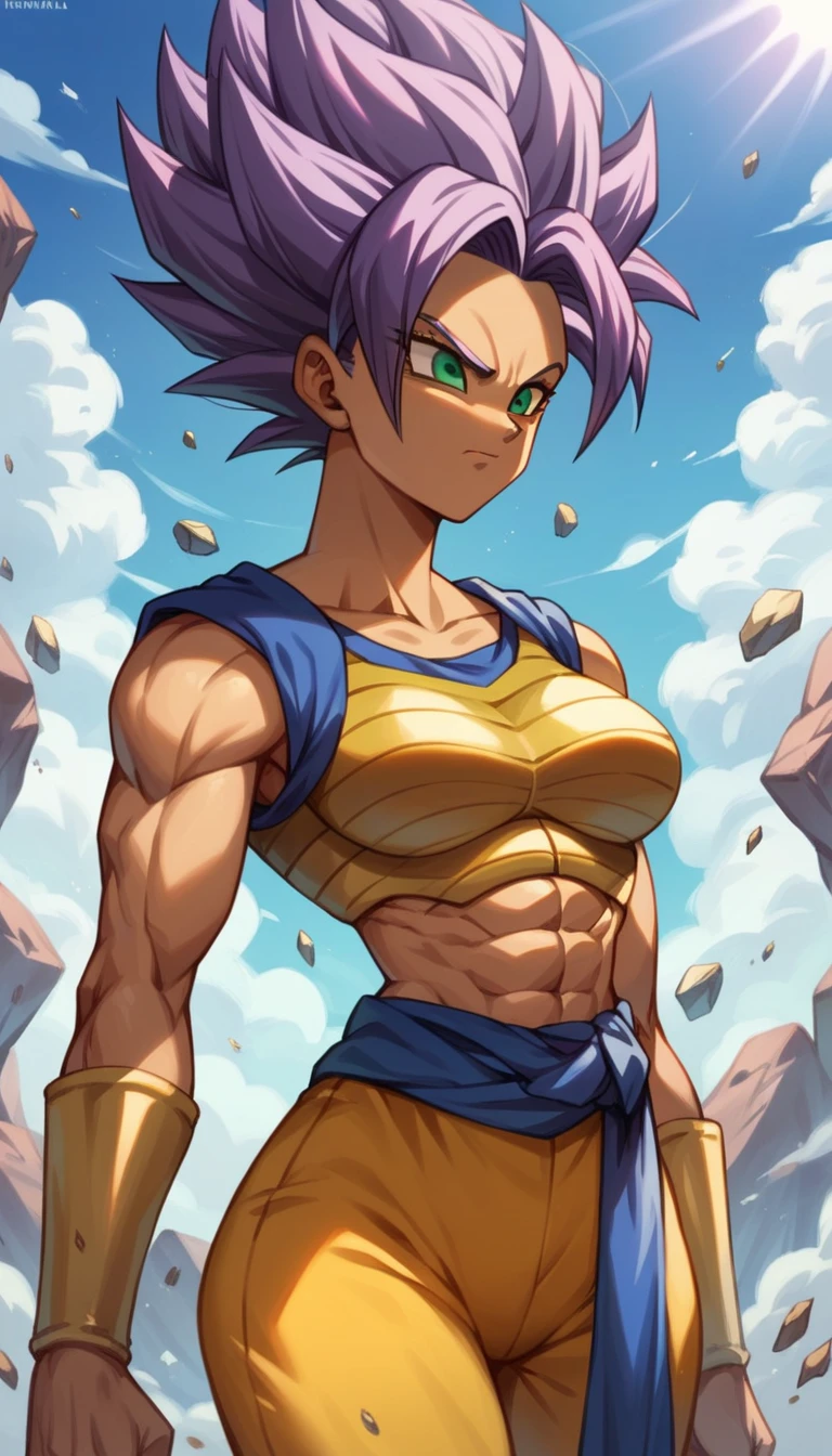 Saiyan, purple hair combed back, green eyes,slim, thin waist, wide hips, brown skin color, medium breasts, saiyan armor, goddess of destruction (dragon ball super),hakai, hakai power, super saiyan, purple rays