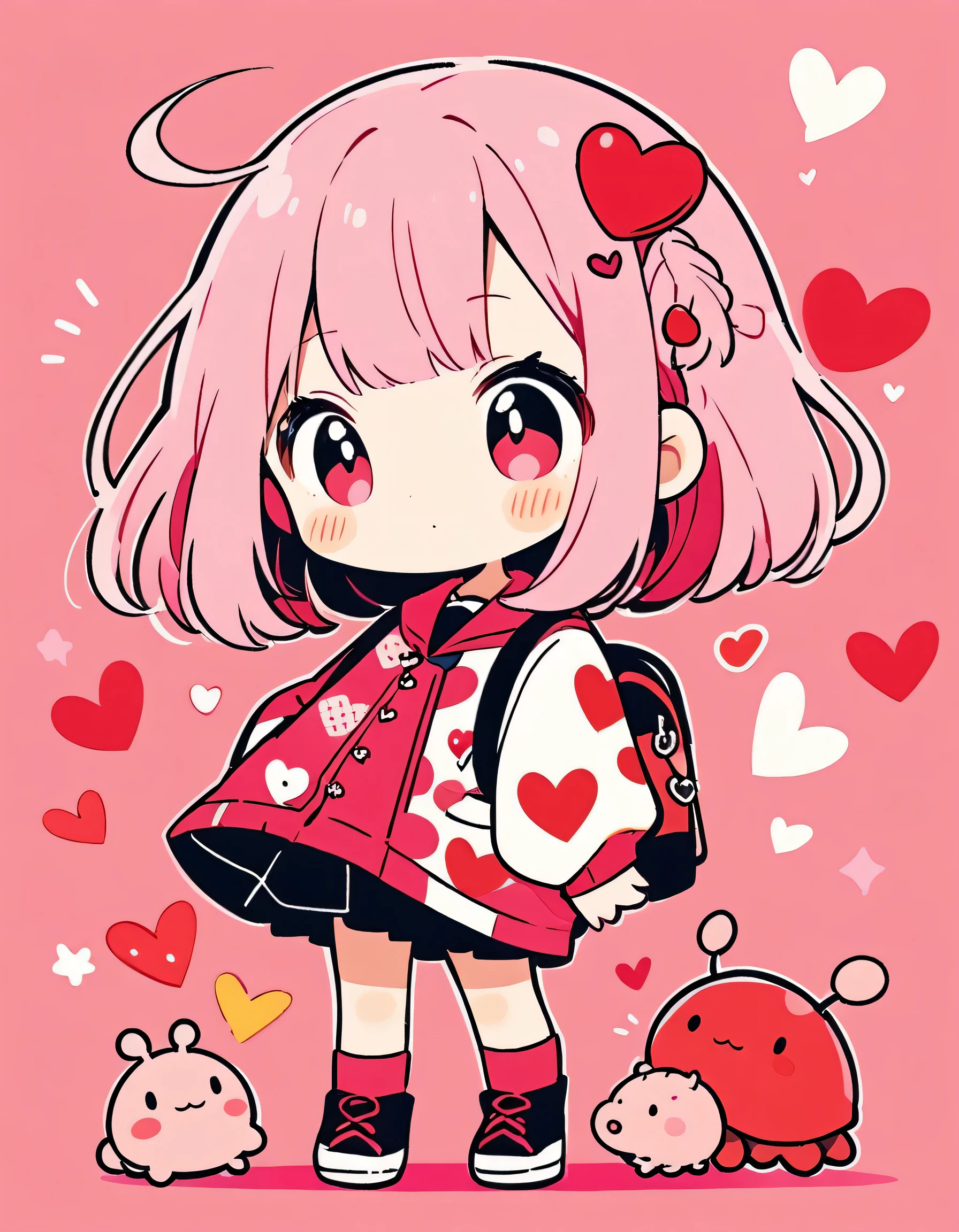 Momoko Sakura pink and Red style, Simple Line Initialism,Abstract art,Kawaii Design, The most beautiful girl of all time、chibi, (((Cute pillbugs))), colorful hearts