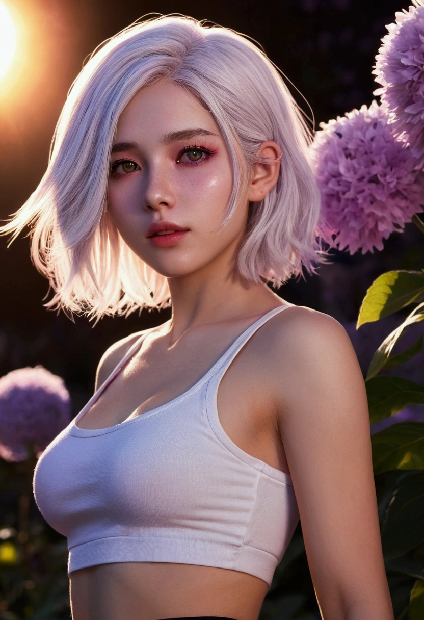 realistic, 1 girl, white hair, purple eyes, glowing eyes, crop top, skirt, Chapped lips, Blush, nighttime, flower, sun, sunlight,
