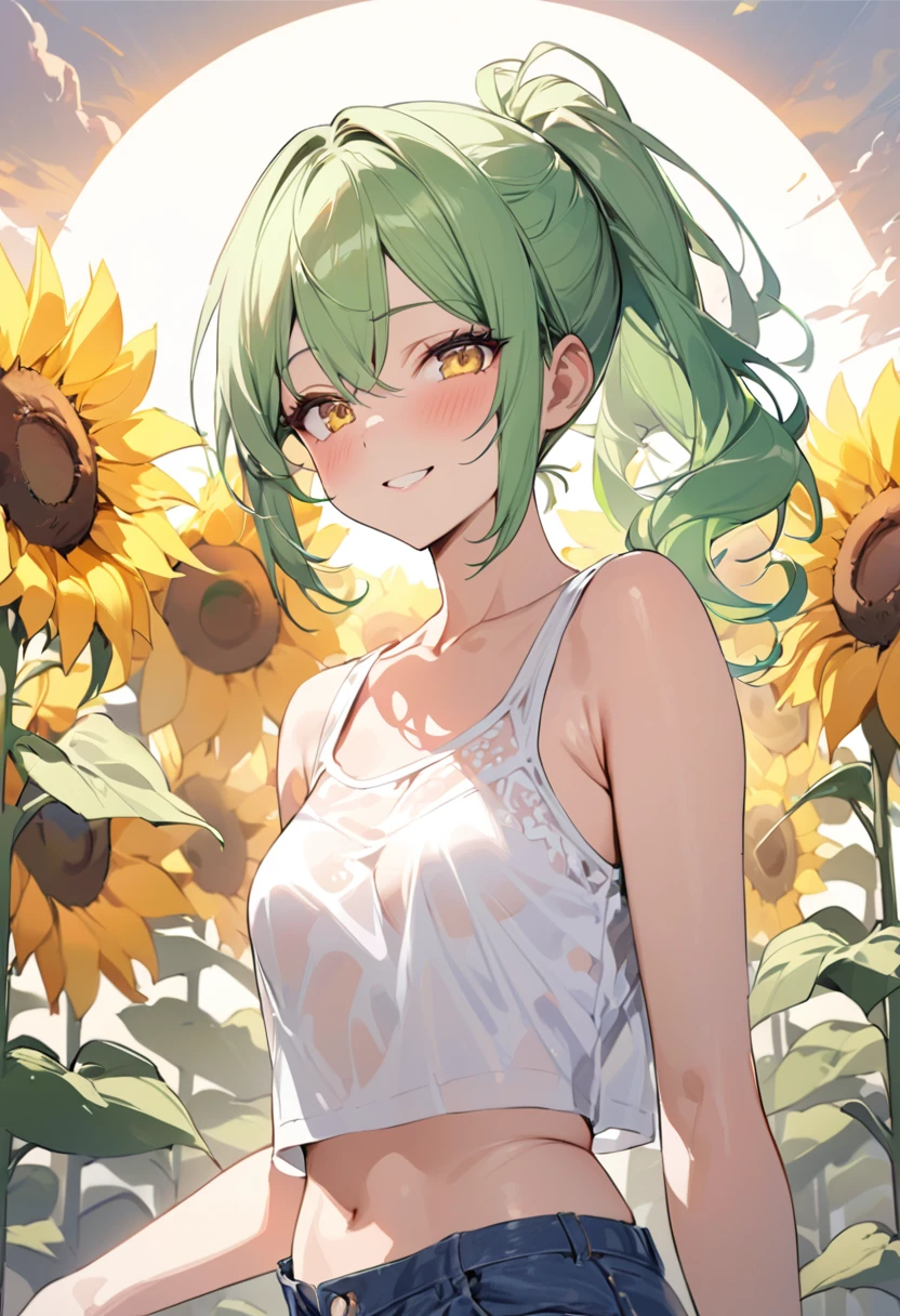 (dynamic play style), (love situation) , (solo:2 ponytail green hair long hair sexy girl, cute yellow eyes, love smile, medium tits), (in a white summer tank top with double exposure:1.2 sunflower, short Denim pants), break, in the many sunflower open field, background beautiful sun shine, BREAK, perfect anatomy, masterpiece, best quality, 16k, beautiful detailed sunflower, daydreaming expression