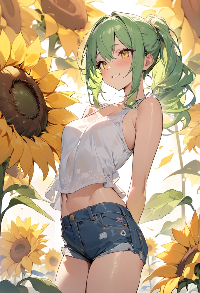 (dynamic play style), (love situation) , (solo:2 ponytail green hair long hair sexy girl, cute yellow eyes, love smile, medium tits), (in a white summer tank top with double exposure:1.2 sunflower, short Denim pants), break, in the many sunflower open field, background beautiful sun shine, BREAK, perfect anatomy, masterpiece, best quality, 16k, beautiful detailed sunflower, daydreaming expression