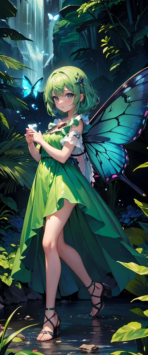 ((masterpiece, highest quality, Highest image quality, High resolution, photorealistic, Raw photo, 8K)), ((Extremely detailed CG unified 8k wallpaper)), character desing, fullbody, anime, short clothes, powerfull girl, chica magica, magic girl, A lone blue butterfly fluttering in the starry sky, Huge butterfly wings, (green glowing wings), green wings shining in the dark night, summer dress fluttering,